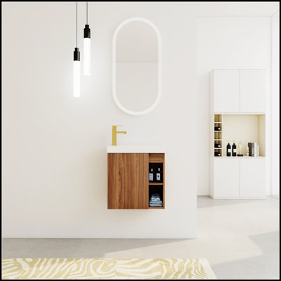 Meuble-lavabo mural flottant de 20 po avec lavabo en résine blanche et armoire à fermeture en douceur, parfait pour les salles de bain modernes et compactes.