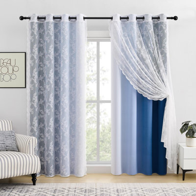 Ombre Blackout Curtains 4 Pcs Set Mix & Matched - 2 Pcs Leaf Sheer Lace & 2 Pcs Ombre Blackout Room Darkening Window Curtains for Bed Room Living Room 63 Inch Long Grommet Thermal Insulated Sunlight Blocking Noise Reducing  Navy Blue Color