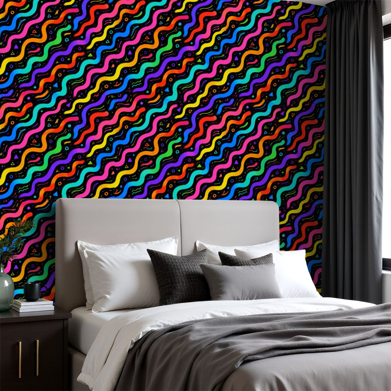 Papier peint adhésif peler et coller arc-en-ciel de lignes abstraites néon dégradé noir l 23,6 po x H 118 po Papier peint amovible auto-adhésif pour les armoires de chambre de bébé