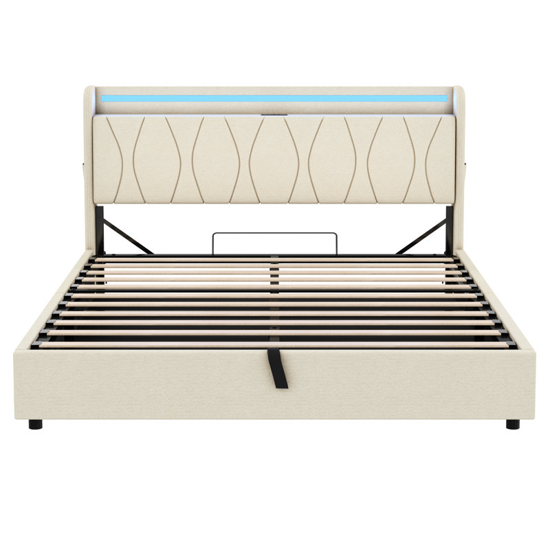 Upholstered Bed Frame With Hydraulic Storage, Beige, Kingsize (5')
