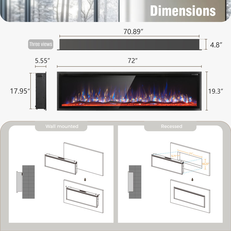 42 Inch Electric Fireplace Recessed And Wall Mounted, 19.3" H x 72" W x 5.1" D