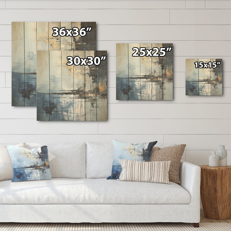 Peinture abstraite grise et bleue sur un lac - rivière Lake, art mural sur bois de pin naturel, H 30 po x l 30 po
