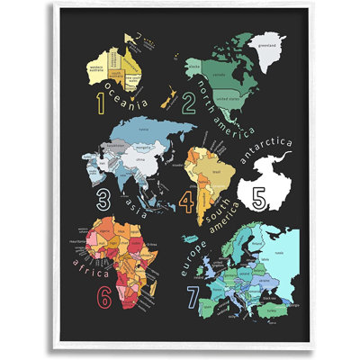 Seven Continents Informative Diagram Map Detailed Picture Frame Graphic Art on MDF