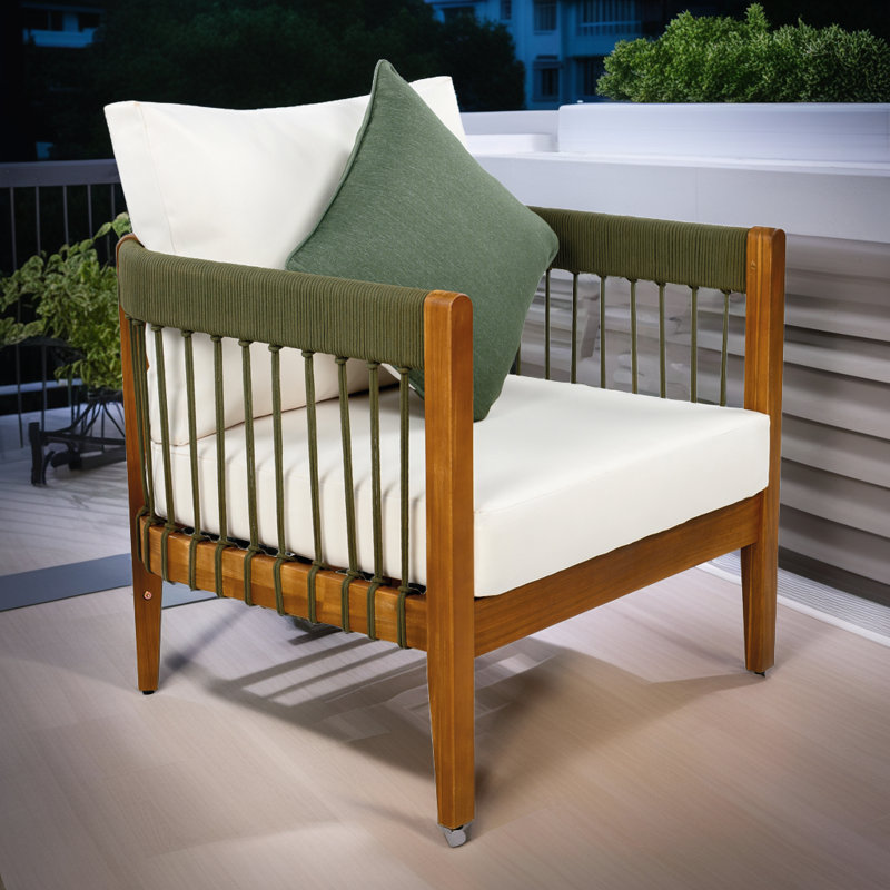 Acacia Wood Lounge Chair - Handwoven Rope Accents & Water-Resistant Cushions, Beige