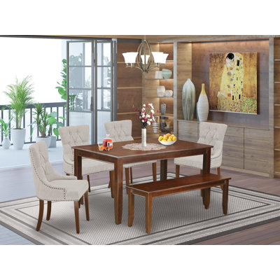 6 Piece Dining Room Furniture Set Contains a Rectangle Dining Table and 4 Doeskin Linen Fabric Parson Chairs with a Bench, Mahogany