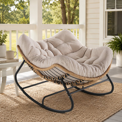 Biyanca Modern Oversized Wicker Rocking Chair, 39" Outdoor Indoor Cushioned Patio Chair, Powder-Coated Steel Frame