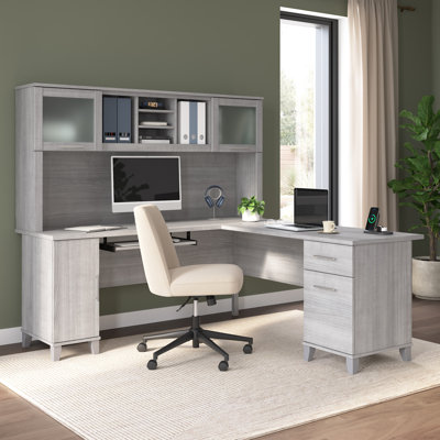 Paelynn 72” L-Shaped Desk with Hutch and Storage, Corner Computer Office Desk, Modern Wood, Platinum Grey