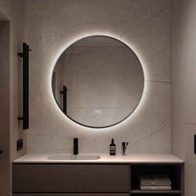 24-inch W x 24-inch H Round LED Backlit Bathroom Vanity Mirror with Black Frame, Anti-Fog and Dimmable 3-Color Lighting