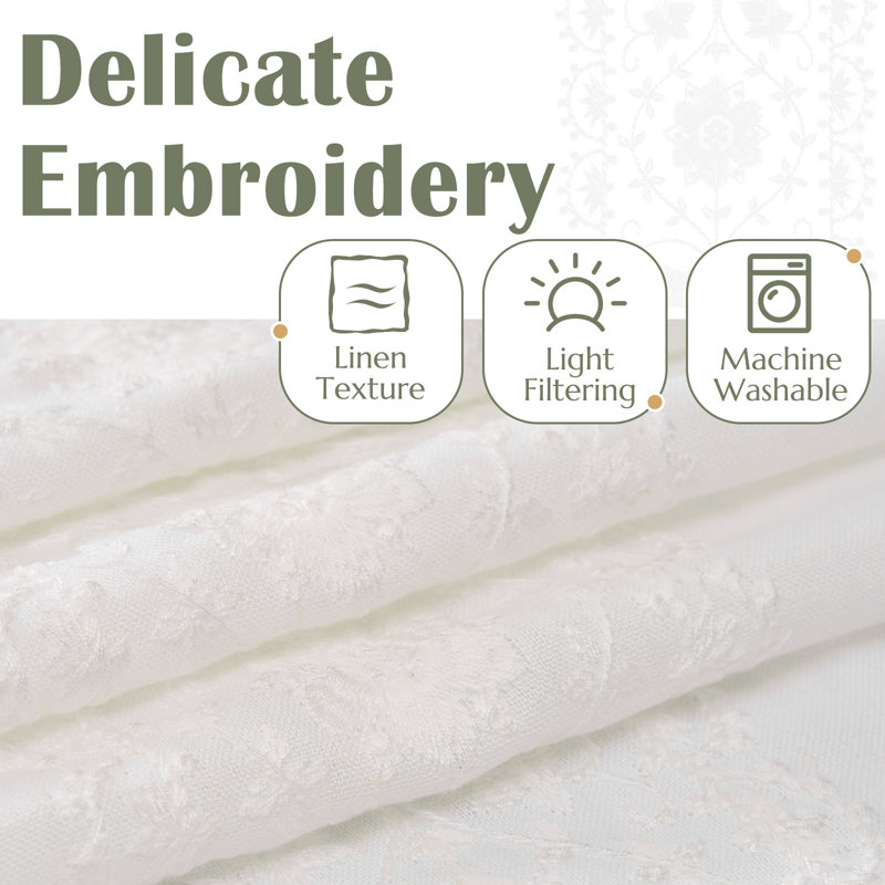 Linen Blend Embroidered Floral Farmhouse Curtains Curtains for Bedroom, 54" W x 63" L, Off White