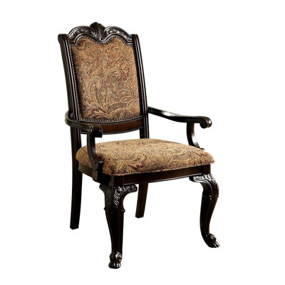 Traditional 2Pc Dining Chairs, Solid Wood Frame, Brown Upholstered Fabric Seat Formal Arm Intricate Carvings, Room Luxury