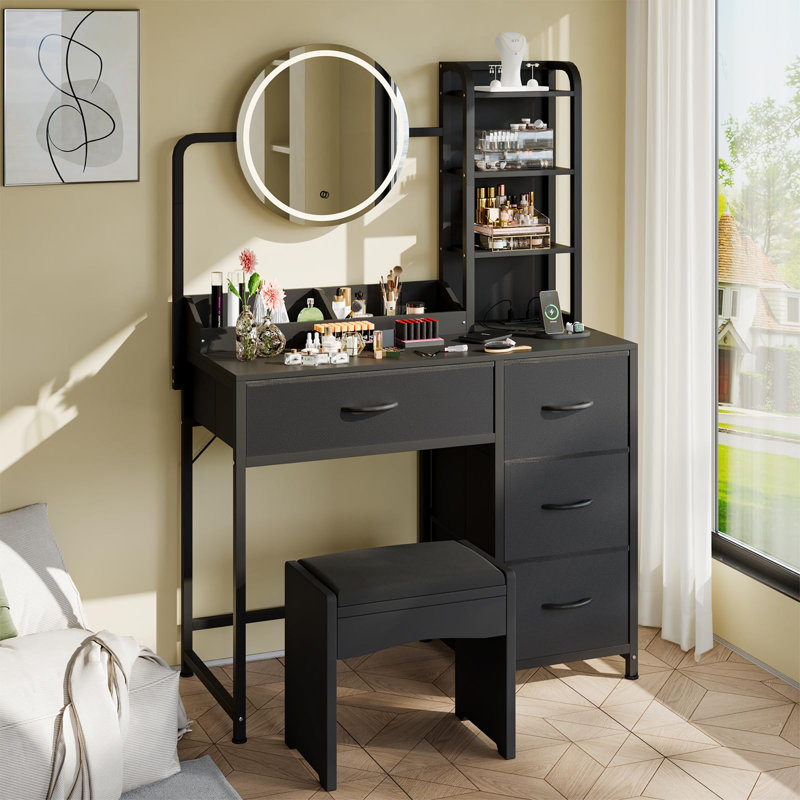 Modern Vanity Desk with Lighted Mirror, Adjustable LED Lights, Power Outlet, 4 Fabric Drawers, Storage Shelves, Hair Dryer Rack, Compact Makeup Table for Bedroom or Girls Room, Black