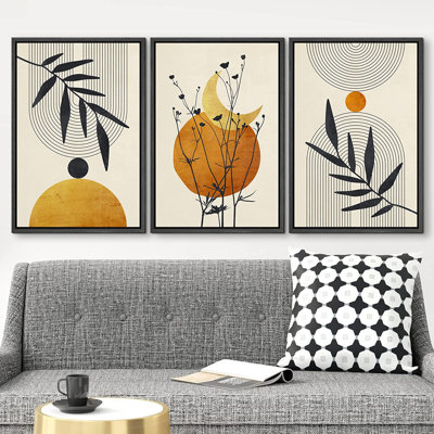 Mid Century Modern Boho Forest Leaf - 3 Piece Print Set on Canvas