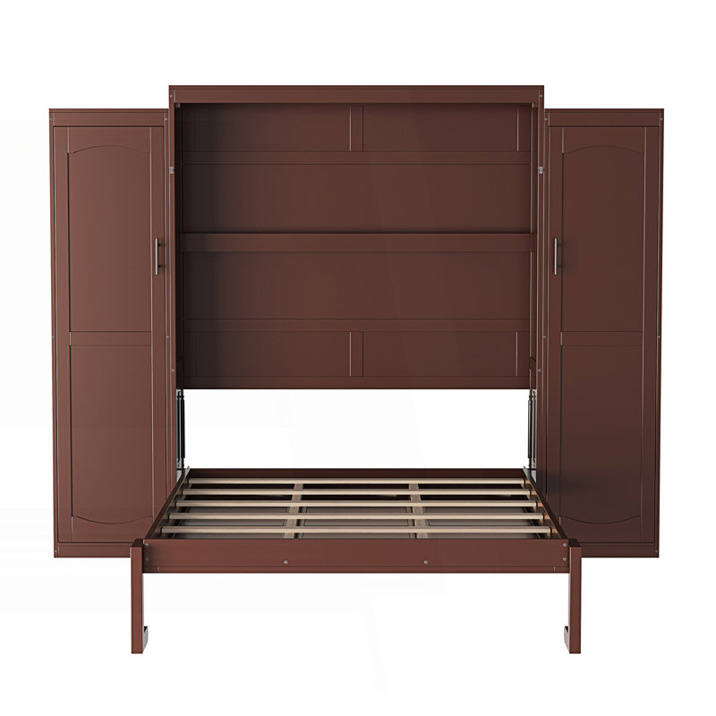 Lit escamotable, lit escamotable avec 2 garde-robes et tablette de rangement, Noyer, Double