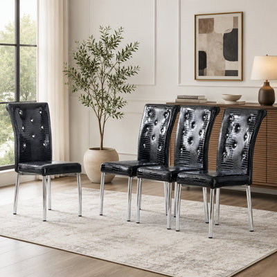 Set of 4,Retro alligator skin Upholstered dining chairs,with Crystal buckle design and Faux Leather design,a touch of elegance and mystery to the dining area,Electroplated metal legs
