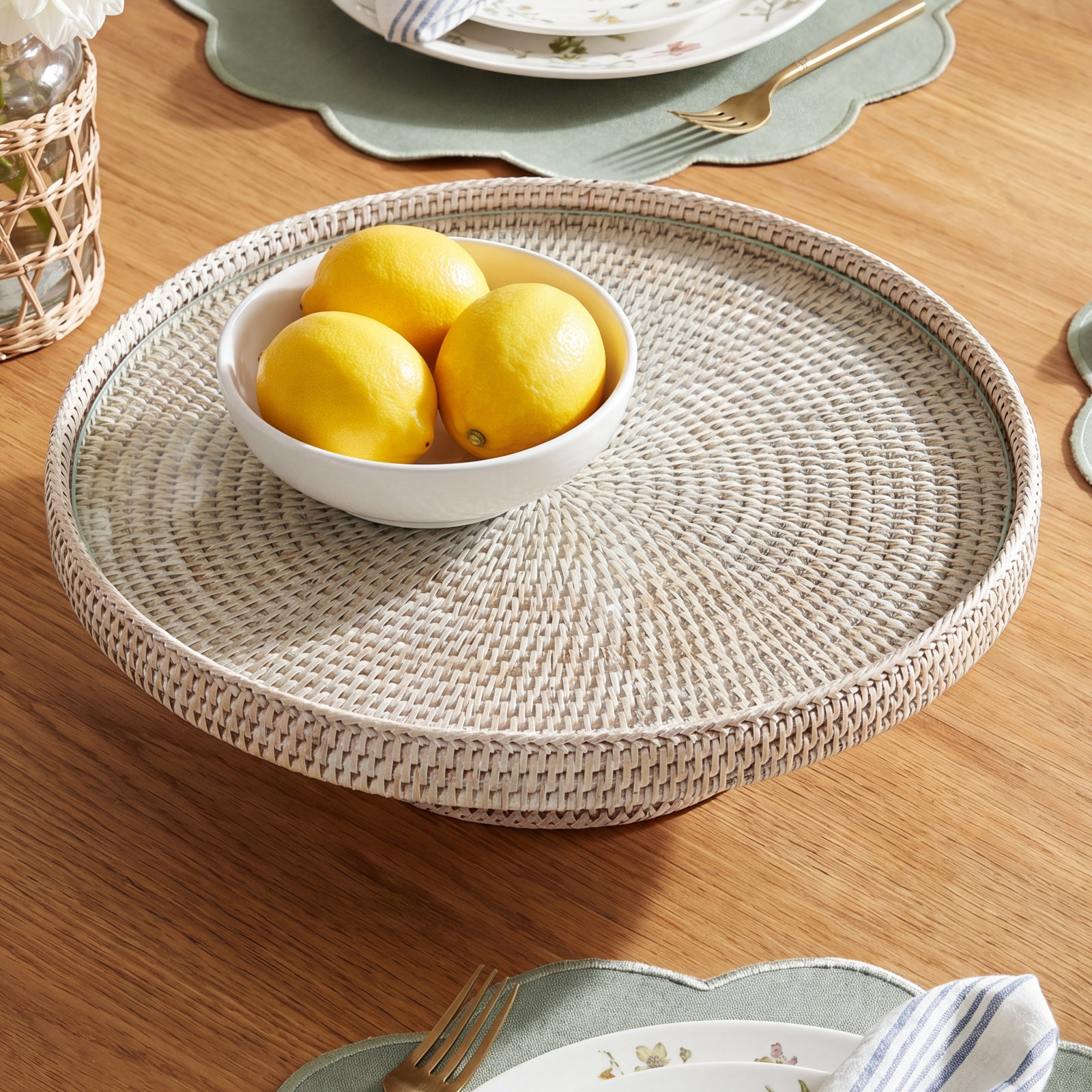 Rattan Serving Stand, White