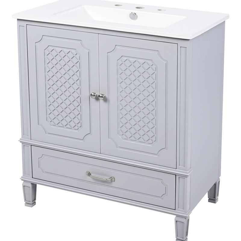 Meuble-lavabo de 30 po avec lavabo en céramique, charme rétro gris, porte silencieuse, armoire et tiroir à options de rangement abondantes, meuble-lavabo Allure Grace, grande tablette de porte réglable
