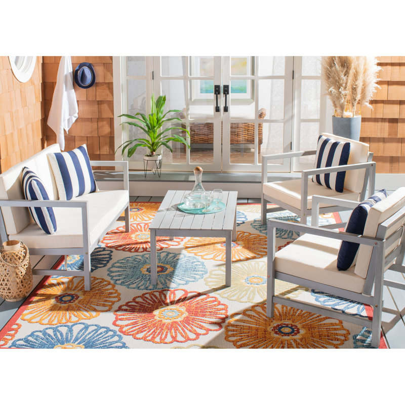 Nidhi Eucalyptus 4 - Person Patio Conversation Set with Cushions, Gray Frame/Navy & White Cushion
