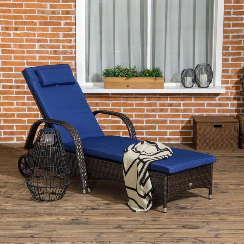 Chaise longue d'extérieur en osier de rotin en PE avec dossier réglable à 5 niveaux avec roulettes Wicker