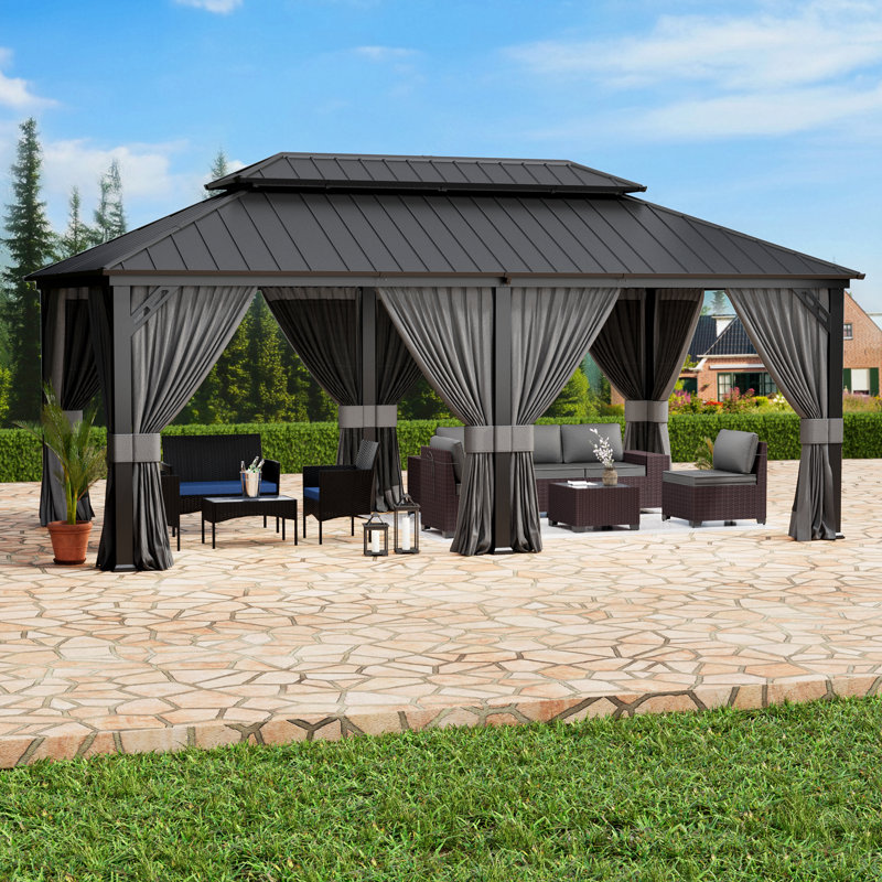 12' X20' Hardtop Pergola Steel Patio Gazebo With Mosquito Netting And Ventilated Roof