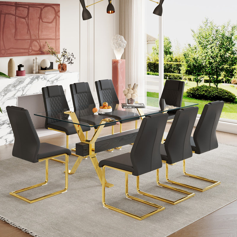7-Piece Glass Top Dining Table Sets, Black/Gold, Gold