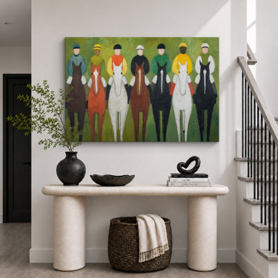 Racing Jockeys and Horses Lineup on Green Field Art - Pictures Framed Canvas Print Wall Art