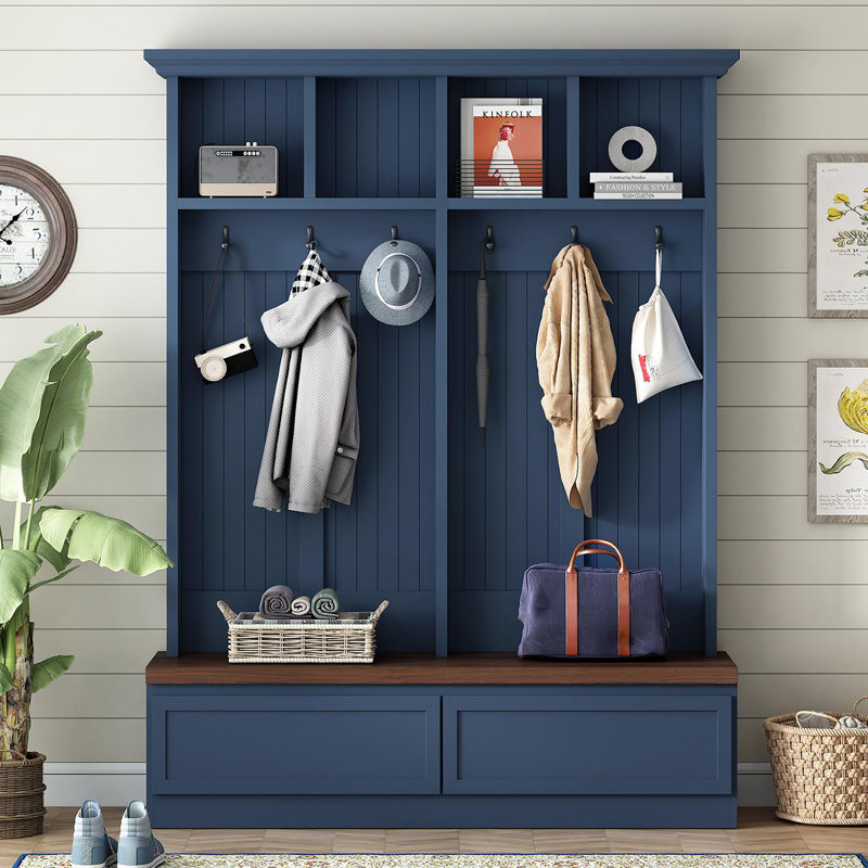 Farmhouse Hall Tree with Bench and Drawers, Blue