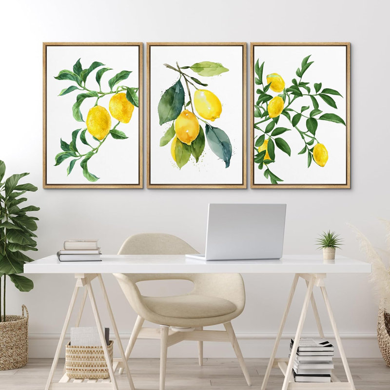 «Kitchen Food Watercolor Lemon Fruits», reproduction sur toile encadrée de 3 pièces, Naturel, H 24 po x l 16 po x P 1,5 po
