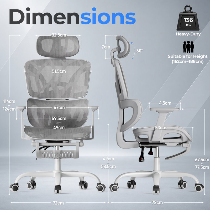 DLONGONE Office Chair with Headrest, Grey, Grey