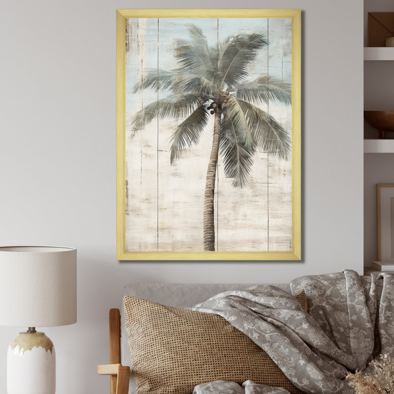 Palmier tropical dans des couleurs rétro délavées - prairie, art mural, H 20 po x l 12 po x P 1 po, Cadre doré simple