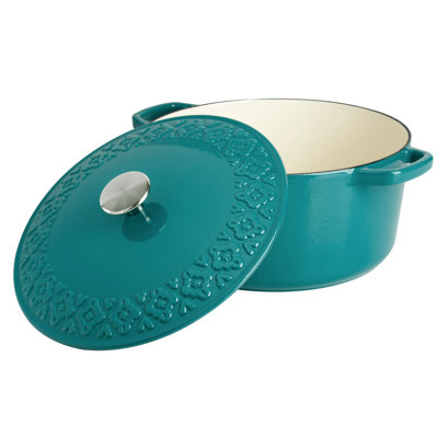 HomeStyle Entertaining Savory Saffron 3.9 Quart  Enameled Cast Iron Dutch Oven with Lid in Teal