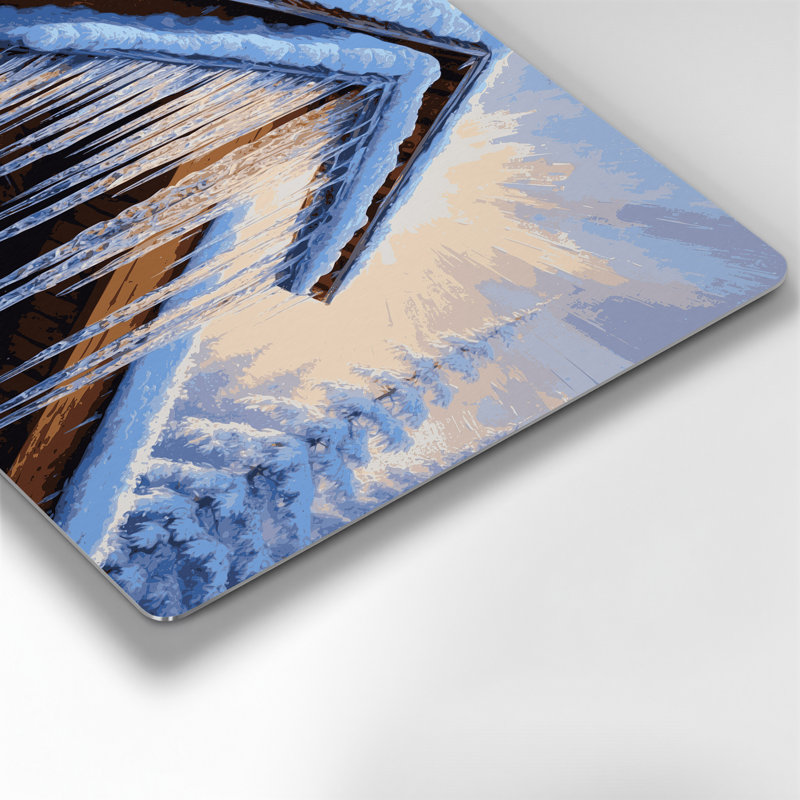 Glaçons de Noël suspendus à un toit de cabane, art mural en métal bleu, H 20 po x l 24 po