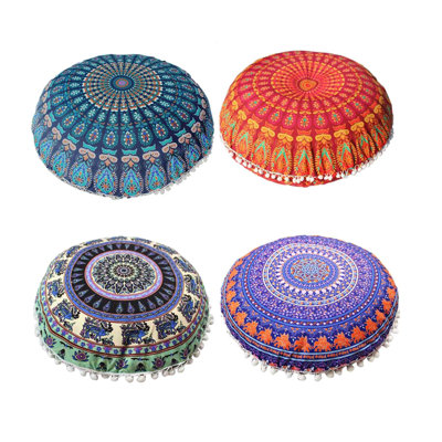 4Pcs Bohemian Round Pillowcases, 17" Diameter, Yoga & Floor Cushion Covers, Set of 4