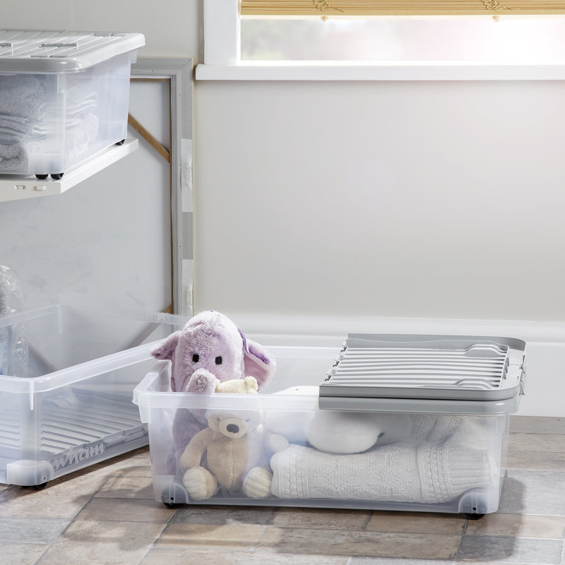 Wham 32L Plastic Storage Box with Wheels and Folding Lid Pack of 3 Clear/Cool Grey