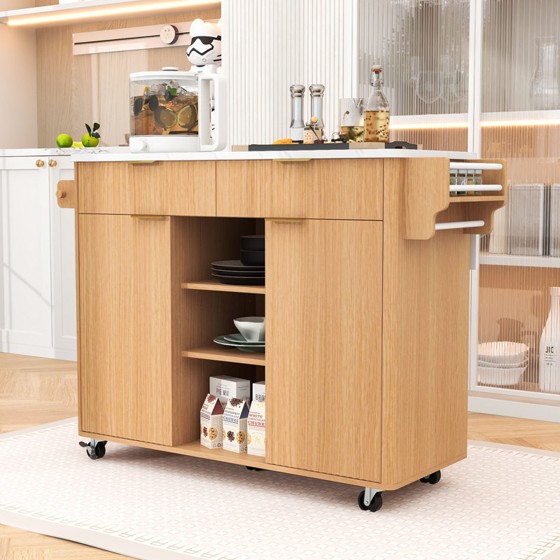 Chariot pour îlot de cuisine cannelé avec abattant, station de charge intégrée, tablettes réglables et grand espace de rangement