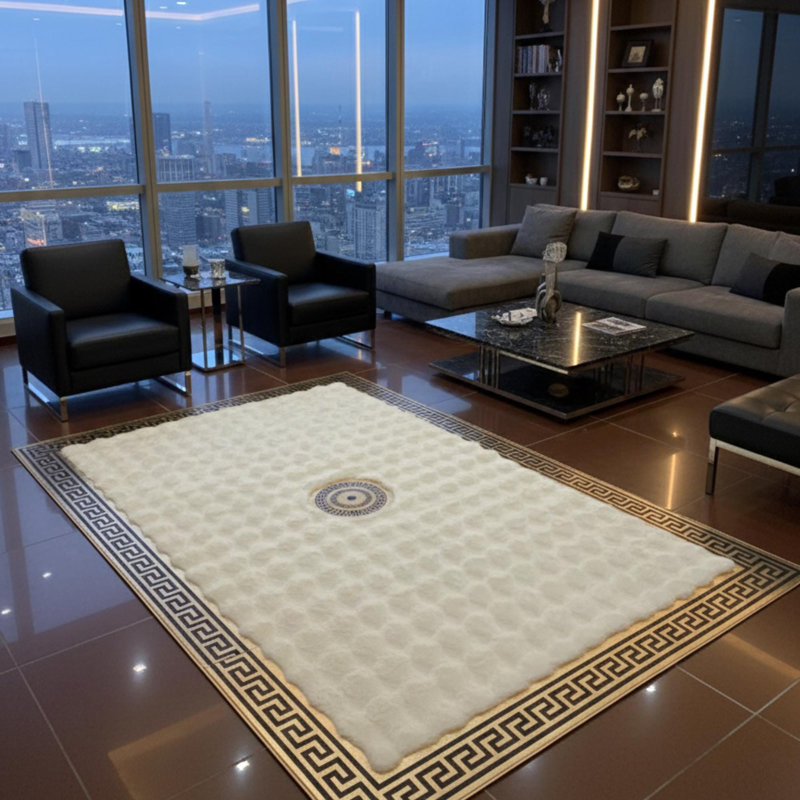 Tapis blanc et or, tapis moelleux de luxe, tapis de salon moderne,, Rectangulaire 4 pi x 6 pi