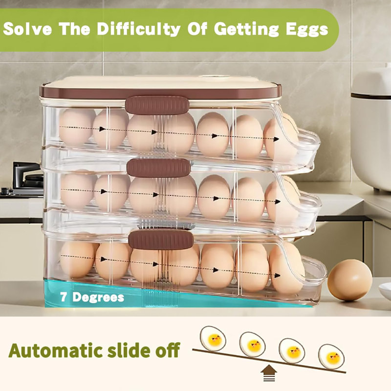 Egg Organizer for Refrigerator，egg Holder for Fridge with Lid and Handle，automatic Rolling Egg Dispenser