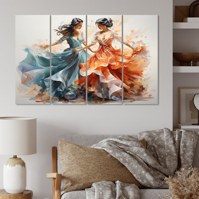 " Peach Blue Indian Art Kathak Dancers " 4 - Pieces Painting Print
