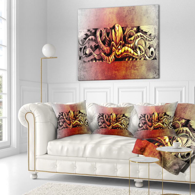 Coussin Octopus, Rectangulaire, Jaune / Rouge, 12 po x 20 po