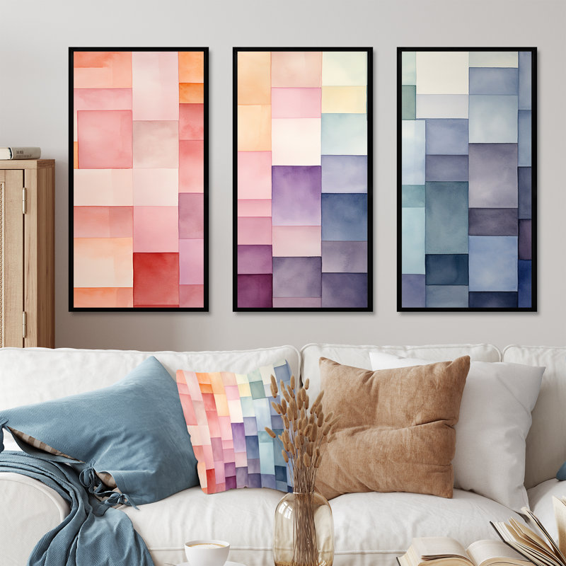 Motif de cubes multicolores III - art mural géométrique, Cadre flottant noir, H 32 po x l 48 po x P 1 po