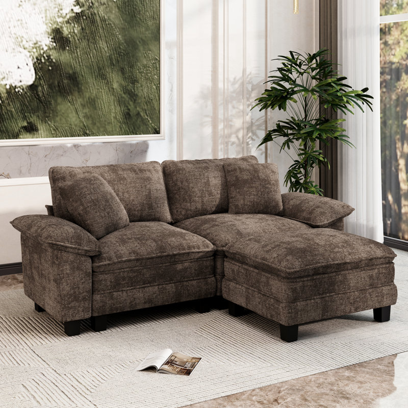 88" Modular Sectional Loveseat Couches For Living Room, 3-seater Deep Seat Sofa With Ottoman, Brown Chenille