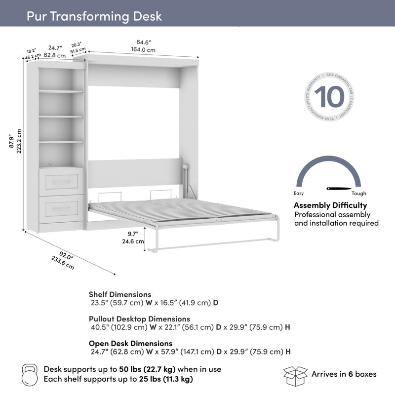 Grand lit escamotable 90 W avec bureau coulissant, Gris écorce