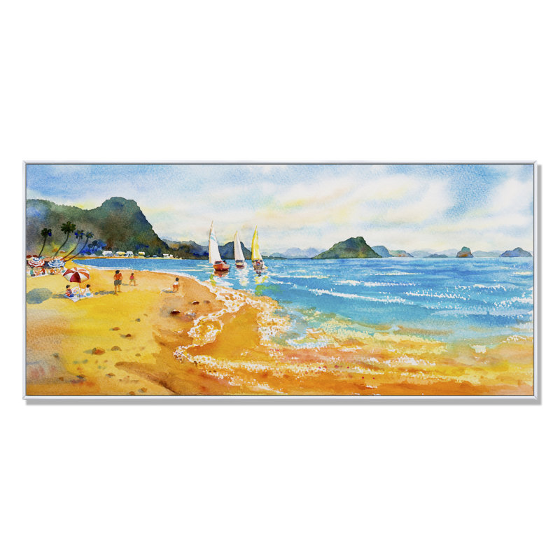 Surf Board on Summer Sea - Peinture sur toile, Cadre blanc, H 16 po x l 32 po x P 1 po
