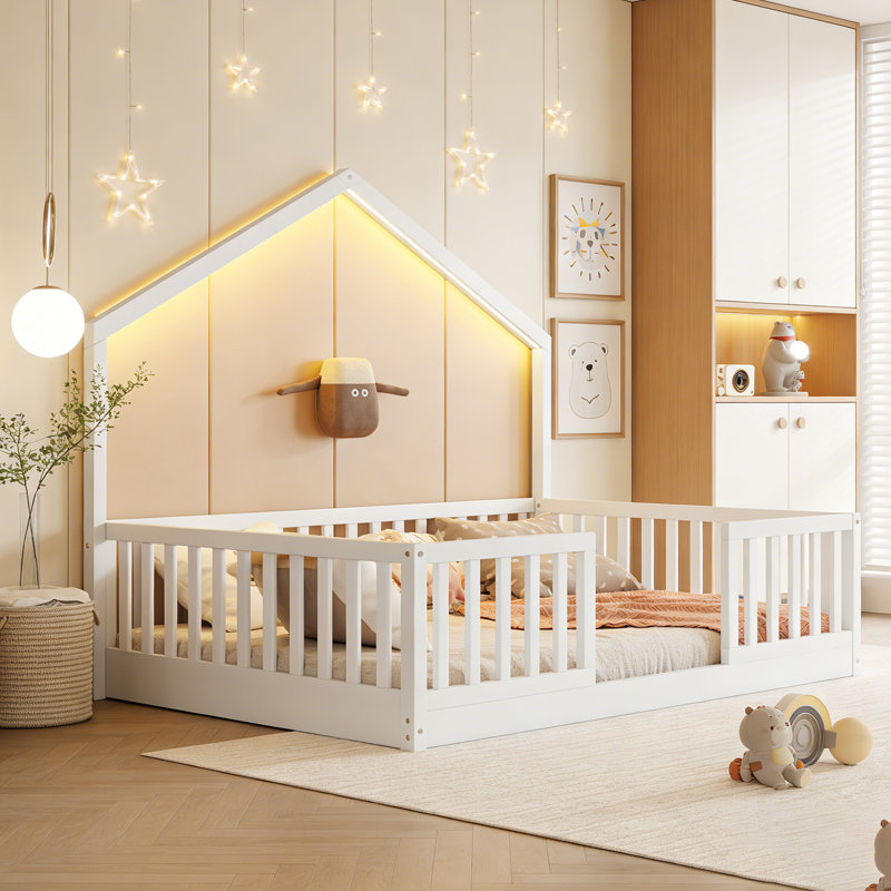Lit sur pied avec rails de sécurité, conception Montessori en bois pour enfants, Lit double, Blanc