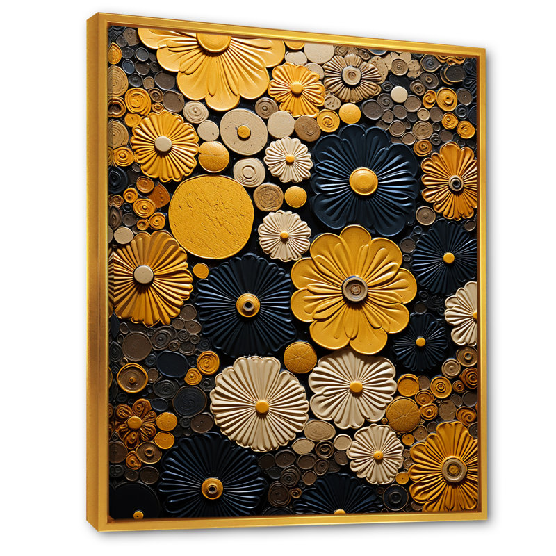 Fleurs jaunes, poterie sur toile, H 20 po x l 12 po x P 1 po, Cadre flottant doré