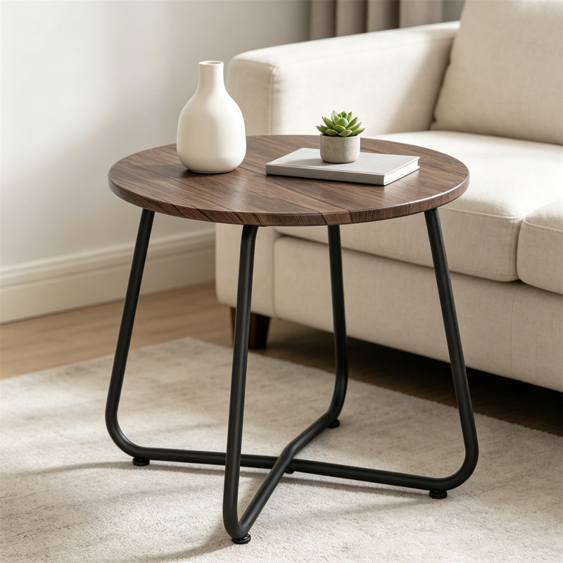 17.7" Round Waterproof Wood Patio End Table with Adjustable Feet
