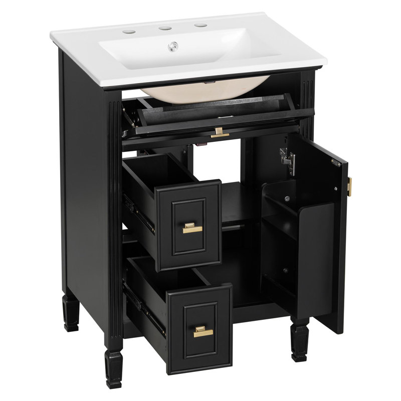 Meuble-lavabo compact de 24 pouces avec rangement, Noir, 24", Ensemble de centre 8 po