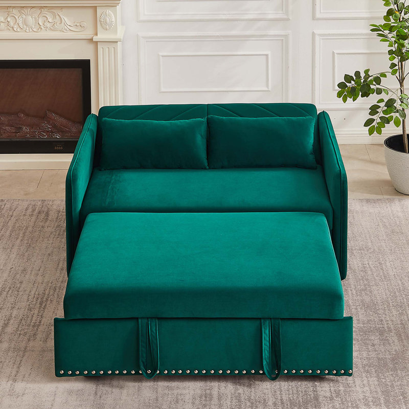 Sleeper Sofa Bed W/Usb Port, 3-In-1 Adjustable Sleeper With Pull-Out Bed, 2 Lumbar Pillows And Side Pocket, Soft Velvet Convertible Sleeper Sofa Bed, Suitable For Living Room Bedroom