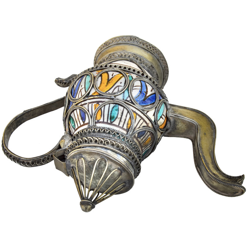 Antique Moroccan Brass-inlaid Ceramic-art Accent