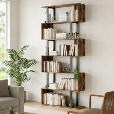 Bibliothèque géométrique moderne à 6 niveaux, bibliothèque de rangement décorative en bois, grande bibliothèque pour le salon, la chambre et le bureau