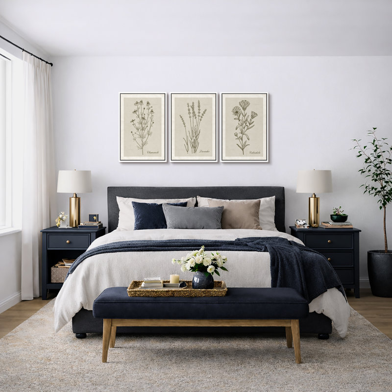 Minimal Botanical "Green Wildflower Modern Artwork, Simple Minimalist Floral Wall Pictures, Framed Canvas Giclée Print 3 Pieces Wall Art" 16"x24"x3 pcs, 24"x36"x3 pcs